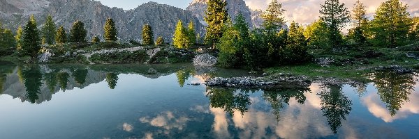 Lago Limides, Dolomity, Włochy, Prowincja Belluno, Jezioro, Drzewa, Odbicie, Góry