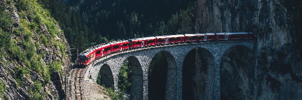 Pociąg, Szwajcaria, Góry Alpy, Kanton Gryzonia, Wiadukt Landwasser, Tory, Drzewa