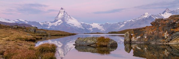 Kamienie, Góry, Szwajcaria, Trawa, Jezioro, Stellisee Lake, Sucha, Jesień, Alpy, Zermatt