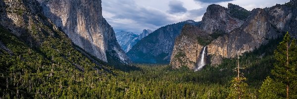 Bridalveil Fall, Drzewa, Stany Zjednoczone, Stan Kalifornia, Wodospad, Park Narodowy, Yosemite, Góry