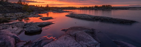 Ładoga, Zachód słońca, Jezioro, Skały, Karelia, Rosja