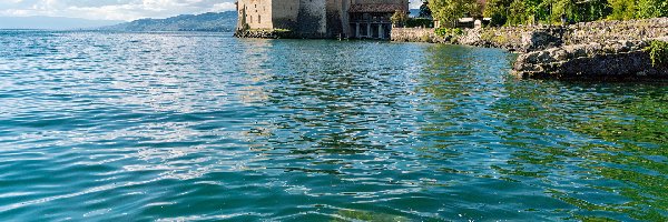 Drzewa, Jezioro Genewskie, Zamek Chillon, Kanton Vaud, Szwajcaria, Kamienie, Mur
