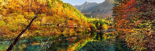 Jesień, Jezioro, Góry, Drzewa, Park Narodowy Jiuzhaigou, Chiny