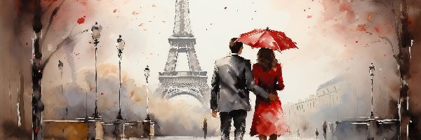 Wieża Eiffla, Parasol, Paryż, Grafika, Ludzie, Para