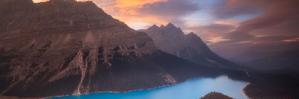 Lasy, Canadian Rockies, Peyto Lake, Jezioro, Park Narodowy Banff, Kanada, Alberta, Góry, Chmury