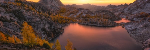 Jezioro, Góry, Stany Zjednoczone, Kalifornia, Mount Shasta, Heart Lake, Zachód słońca, Góry Kaskadowe