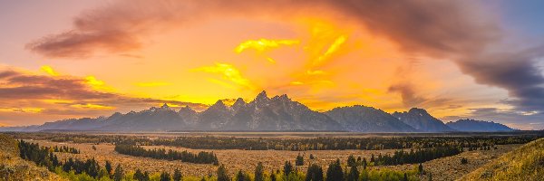 Pole, Góry, Stany Zjednoczone, Stan Wyoming, Teton Range, Drzewa, Zachód słońca, Park Narodowy Grand Teton