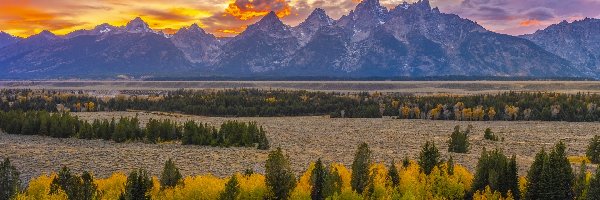 Stany Zjednoczone, Teton Range, Drzewa, Góry, Park Narodowy Grand Teton, Stan Wyoming, Zachód słońca