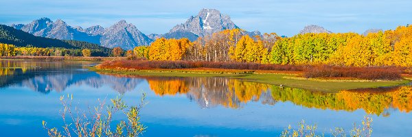 Teton Range, Stan Wyoming, Odbicie, Drzewa, Góry, Rzeka Snake River, Park Narodowy Grand Teton, Stany Zjednoczone