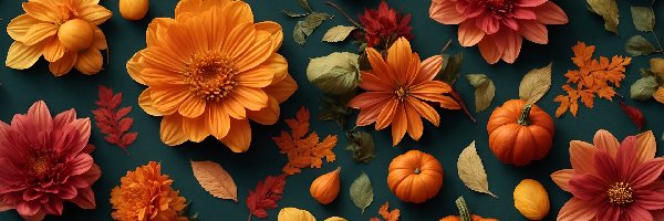 Jesień, Liście, Kwiaty, Grafika, Dynie