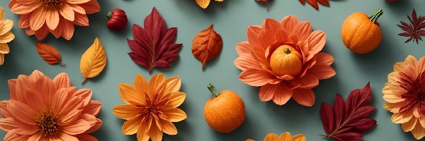 Jesień, Liście, Kwiaty, 2D, Dynie