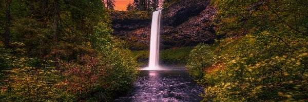 South Falls, Wodospad, Park stanowy, Oregon, Stany Zjednoczone, Skały, Zachód słońca, Silver Falls State Park, Drzewa