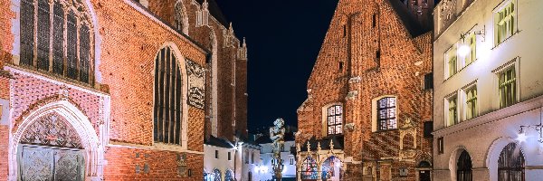 Noc, Kamienice, Domy, Kraków, Polska, Fontanna, Kościół św Barbary