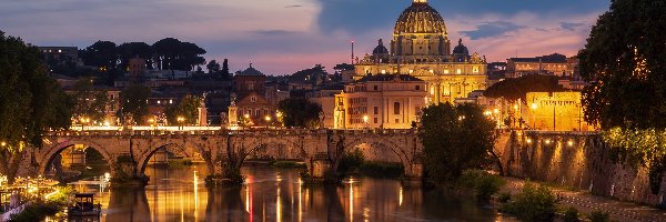 Oświetlenie, Rzeka Tyber, Bazylika św Piotra, Wieczór, Most św Anioła, Watykan