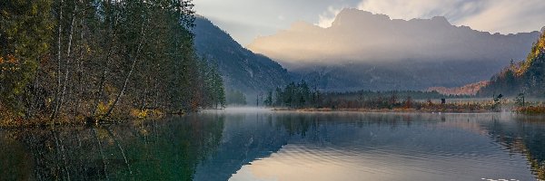 Odbicie, Mgła, Drzewa, Austria, Jezioro Almsee, Góry