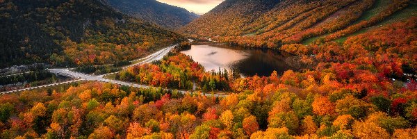 Droga, Jezioro, Stany Zjednoczone, Drzewa, Góry, White Mountains, Las, Jesień, Echo Lake, Stan New Hampshire