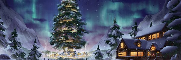 Śnieg, Boże Narodzenie, Choinka, Zima, Grafika, Zorza polarna, Domy