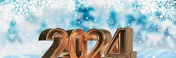 Nowy Rok, Data 2024, Cyfry, Śnieżynki, Śnieg