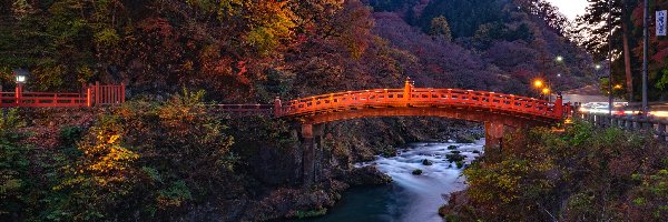 Jesień, Most, Japonia, Drzewa, Rzeka, Daiya River, Las, Oświetlony, Shinkyo Bridge, Nikko