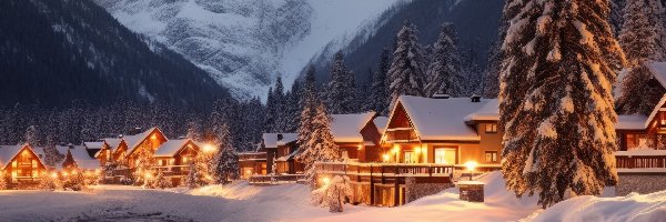 Zima, Las, Góry, Światła, Domy