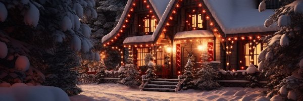 Grafika, Drzewa, Dom, Ośnieżone, Zima, Święta, Światła