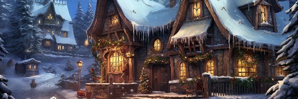 Śnieg, Święta, Drzewa, Domy, Zima, Wieczór, Światła