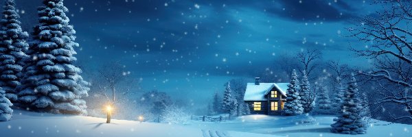 Śnieg, Drzewa, Dom, Grafika, Ośnieżone, Zima