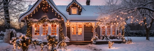 Zima, Drzewa, Dom, Święta, Światła