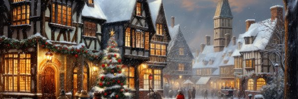 Zima, Domy, Boże Narodzenie, Miasteczko, Choinka