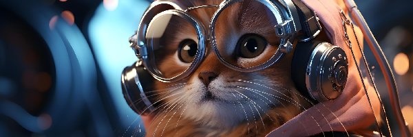 Okulary, Kaptur, Słuchawki, Kot