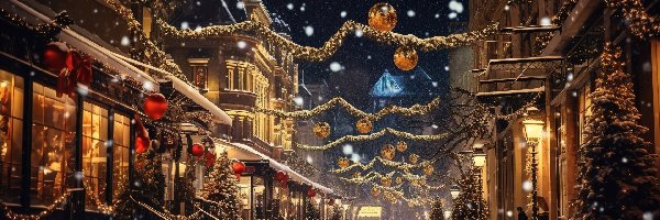 Oświetlenie, Ulica, Domy, Noc, Boże Narodzenie, Zima