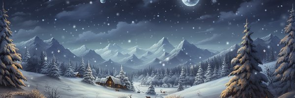 Góry, Księżyc, Dom, Grafika, Noc, Zima