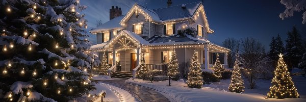 Choinki, Dom, Dekoracja, Śnieg, Zima, Boże Narodzenie, Droga, Noc, Światła