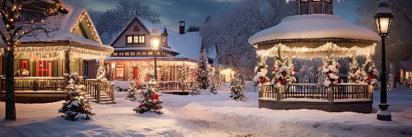 Zima, Domy, Boże Narodzenie, Oświetlenie, Altana