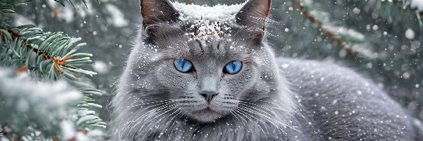 Zima, Niebieskie, Oczy, Grafika, Kot, Szary