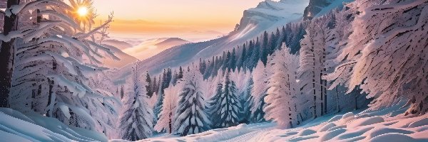 Zima, Drzewa, Droga, Zachód słońca, Góry