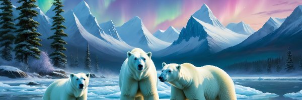 Niedźwiedzie polarne, Góry, Grafika, Białe, Kra, Drzewa, Trzy, Zima, Morze, Zorza polarna
