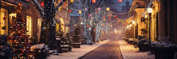 Noc, Zima, Boże Narodzenie, Choinka, Drzewa, Domy, Ulica, Dekoracja, Śnieg, Światła