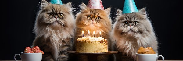 Tort, Koty, Urodziny, Cytryny, Czapeczki, Świeczki, Filiżanki, Trzy