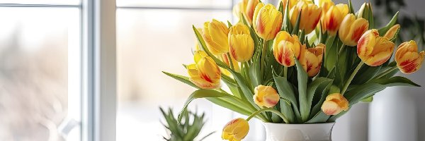 Wazon, Tulipany, Bukiet, Okno, Żółte, Kwiaty