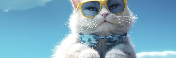 2D, Kot, Okulary przeciwsłoneczne, Biały, Puszysty, Niebo, Walizka