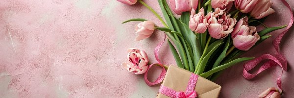Tulipany, Wstążki, Prezent, Różowe