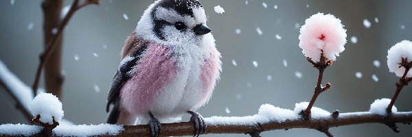Ptak, Śnieg, Gałązka, Zima