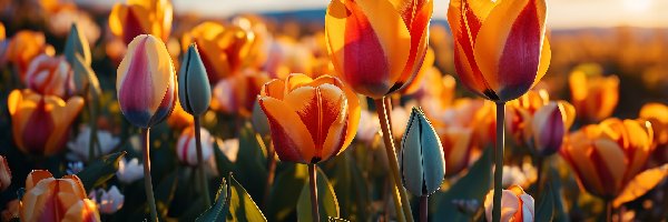 Tulipany, Grafika, Zachód słońca, Kwiaty