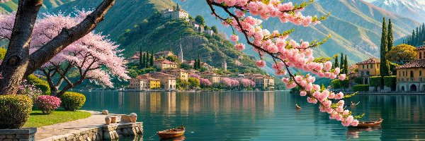 Como Lake, Domy, Jezioro, Włochy, Grafika, Wiosna
