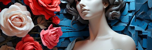 Kobieta, Róże, Kwiaty, Grafika