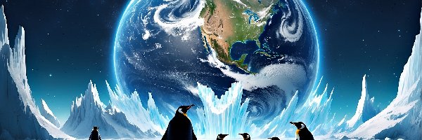 Góry lodowe, Planeta Ziemia, Morze, 2D, Pingwiny