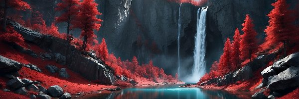 Grafika, Drzewa, Wodospad, Czerwone, Jesień, Góry, Rzeka