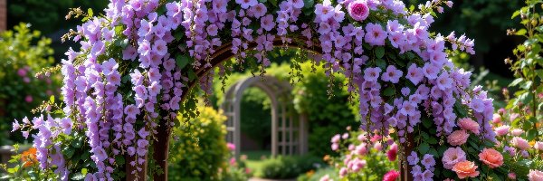 Pergola, Róże, Glicynia, Ogród