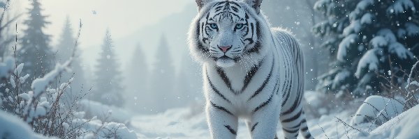Paski, Droga, Natura, Przyroda, Biały, Drzewa, Zwierzę, Zima, Tygrys, Grafika, Dzikie, Drapieżne, Sierść, Choinki, Śnieg